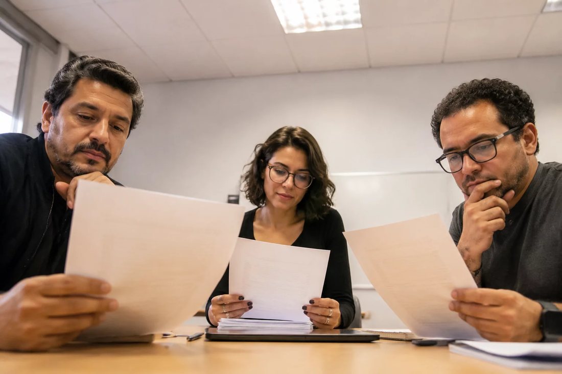 Sala clara de reunião com uma pessoa de pé sustentando um ponto diante do grupo