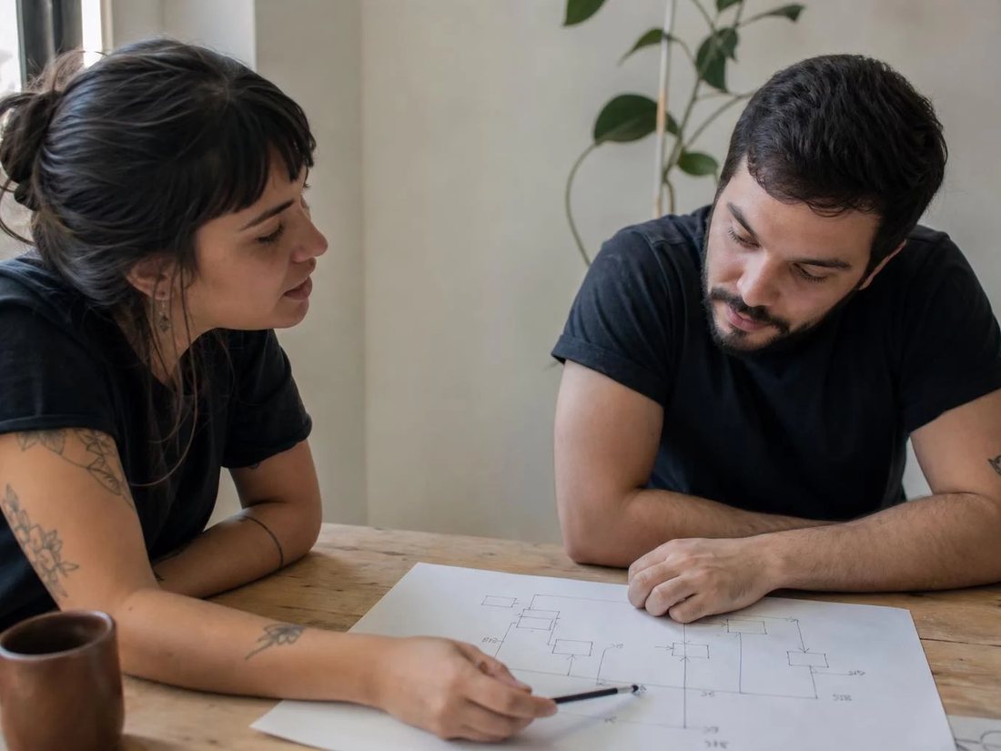 Duas pessoas relendo anotações num tablet apoiado numa mesa de madeira